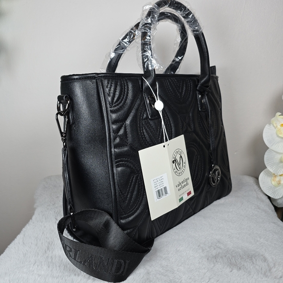 Valentino Orlandi Women's Quilted Black Vegan Leather Satchel Handbag New - Picture 13 of 16